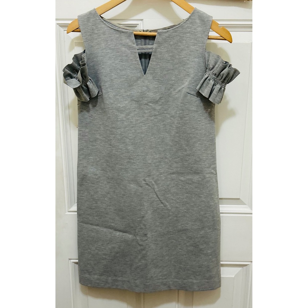 D. Exterior Grey Cold Shoulder Ruffle Sleeve Dress‎ Made in Italy Split V-Neck